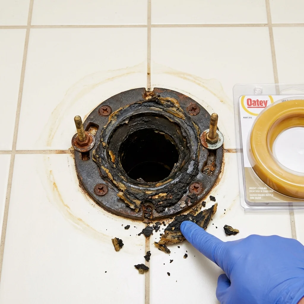 Failed wax ring showing water seepage at the base of a toilet in a Corning, CA home