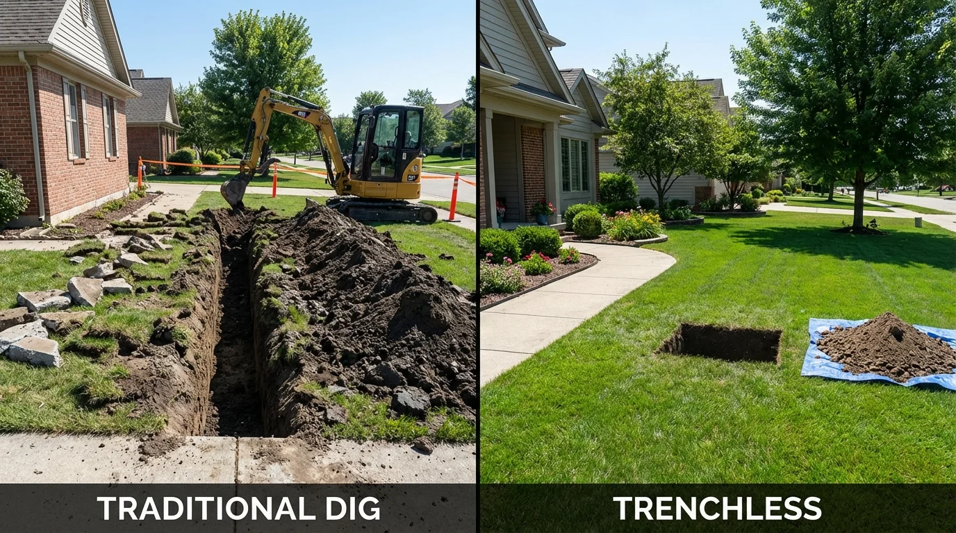 Trenchless sewer repair with minimal yard damage versus traditional excavation in Corning, CA