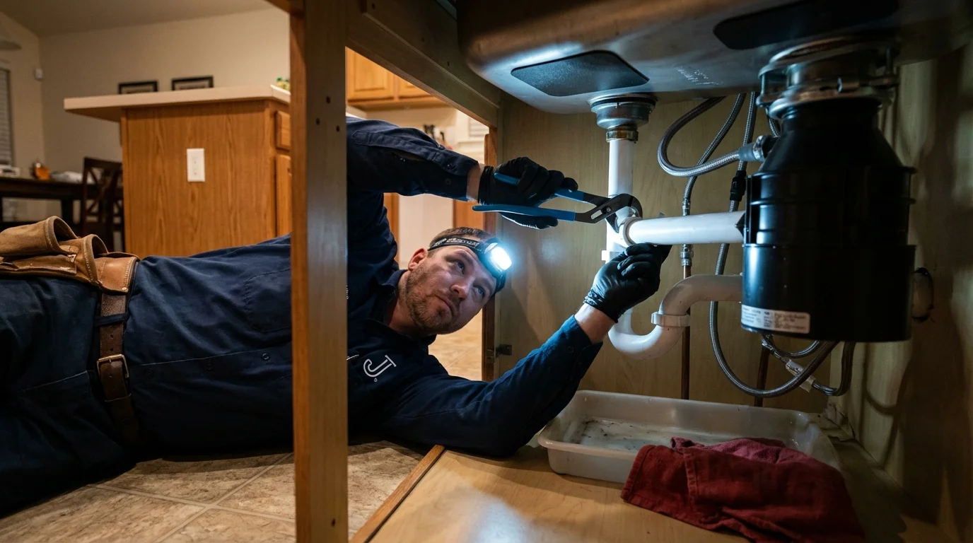 P-trap and supply line connections under a kitchen sink showing a common leak point in Corning, CA